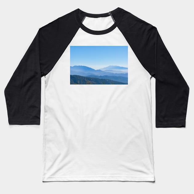 Blue mountain landscape backdrop in tiered tones Baseball T-Shirt by brians101